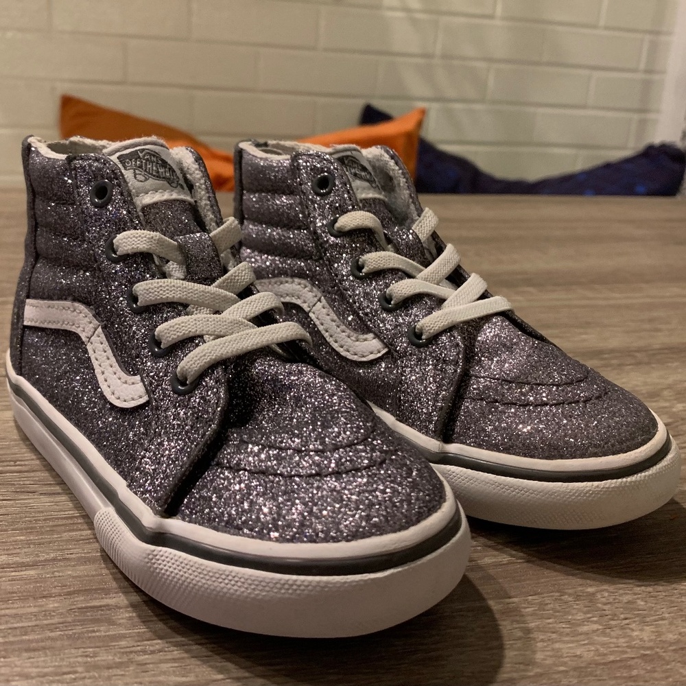 Toddler size 9 high top sparkly vans.